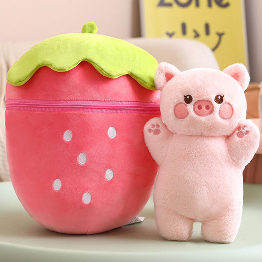 Adorable Strawberry Plush with Hidden Bunny/Pig Companion